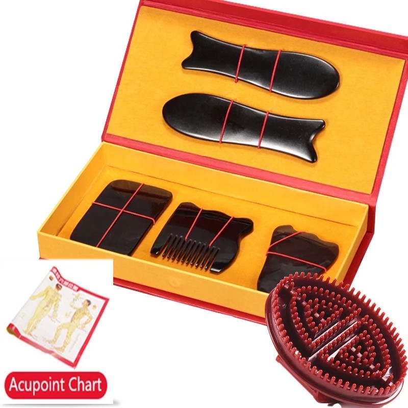 Buffalo Horn Guasha Board Ox Horn Body Massage Tool 5pcs/Set